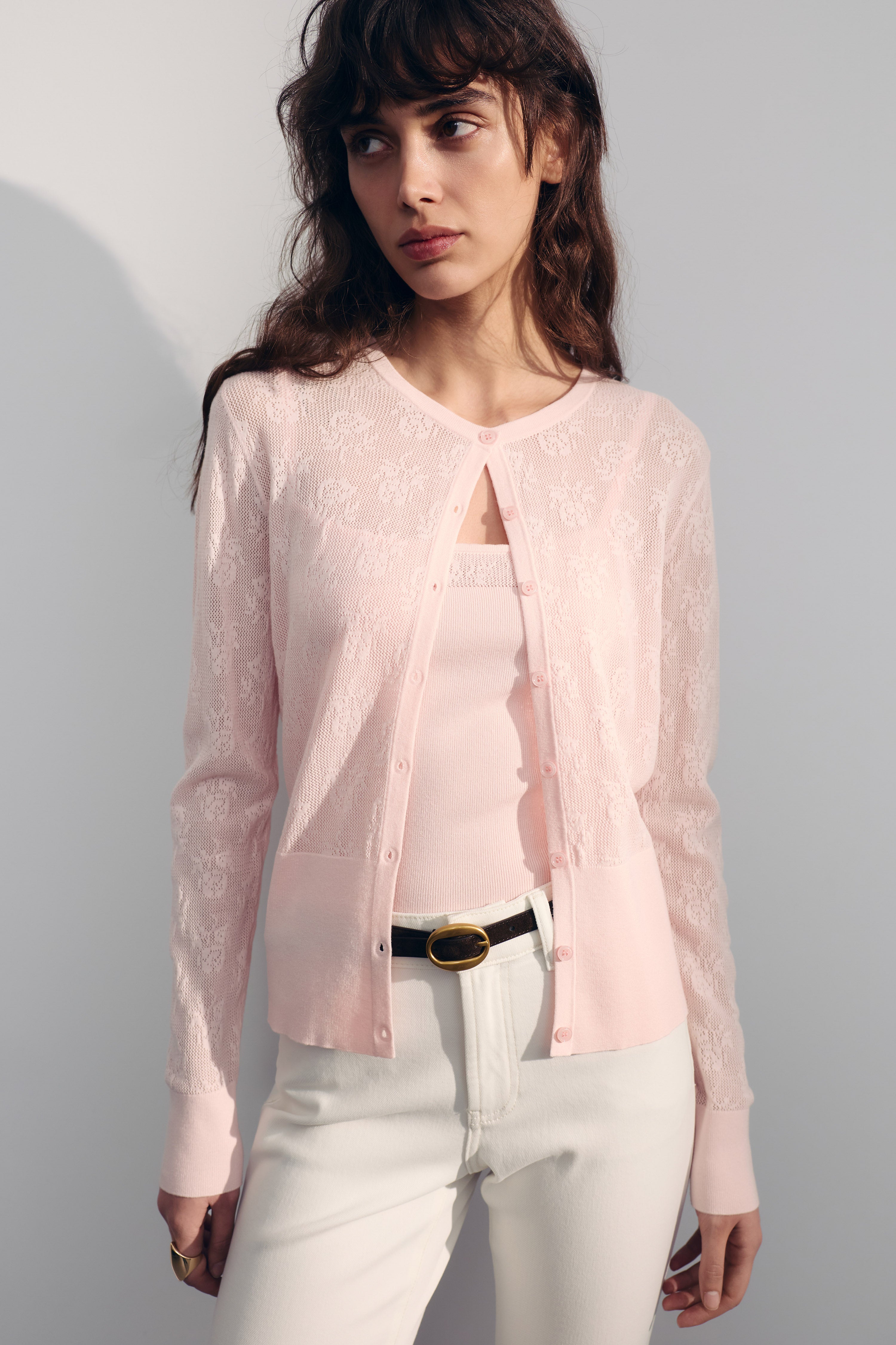 FLOWER-MOTIF VISCOSE CARDIGAN - Light pink | LIMÉ UAE