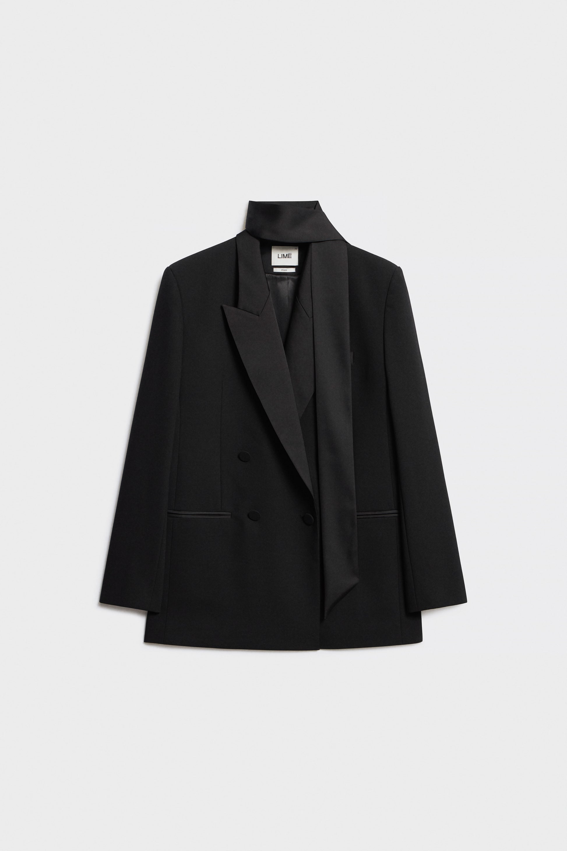 DOUBLE-BREASTED SCARF-DETAIL BLAZER